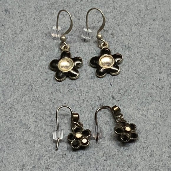 Dangle Pierced Earrings Lot Black Flower Rhinestone Enamel Silver Retro 80s - Picture 4 of 5